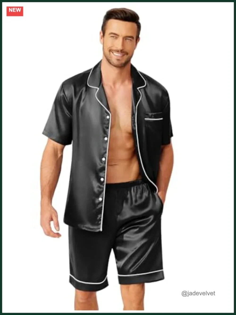 Mens Silk Satin Pajama Set Short Sleeve Button Down 2 Piece Lounge Set with